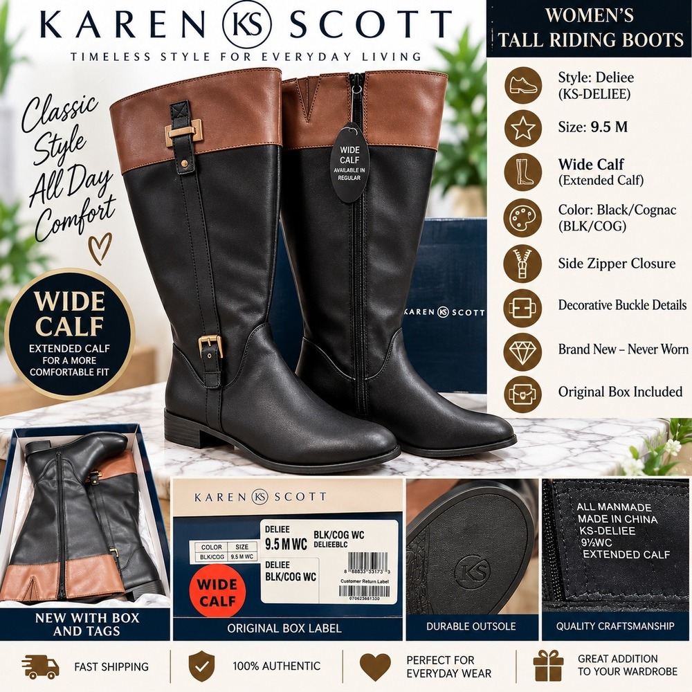 Karen Scott Deliee Womens Wide Calf Riding Boots Black Cognac 9.5 M WC NEW